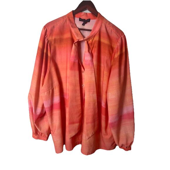 Eloquii Orange Pink Tie Neck Button Blouse Work Career Ombre Stripes Sz 28 Plus - Picture 1 of 7